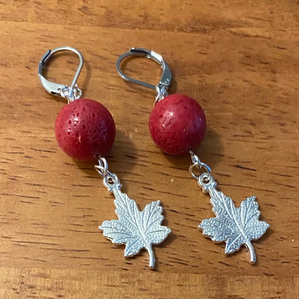 TODAY ONLY $15.  June 12   CANADA DAY Maple Leaf Coral crystal earrings